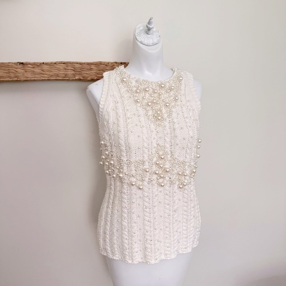 Zara Women Small White Pearl Embellished Knit Tank Sleeveless Blouse Elegant - Picture 9 of 10